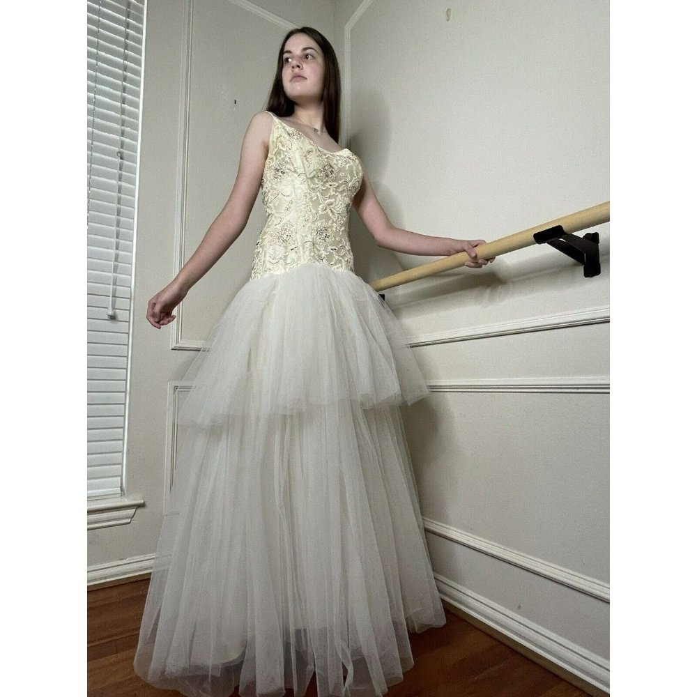 VTG 60s Modern Couture Ball Gown Dress S Ivory Rhinestone Beaded Tulle Princess